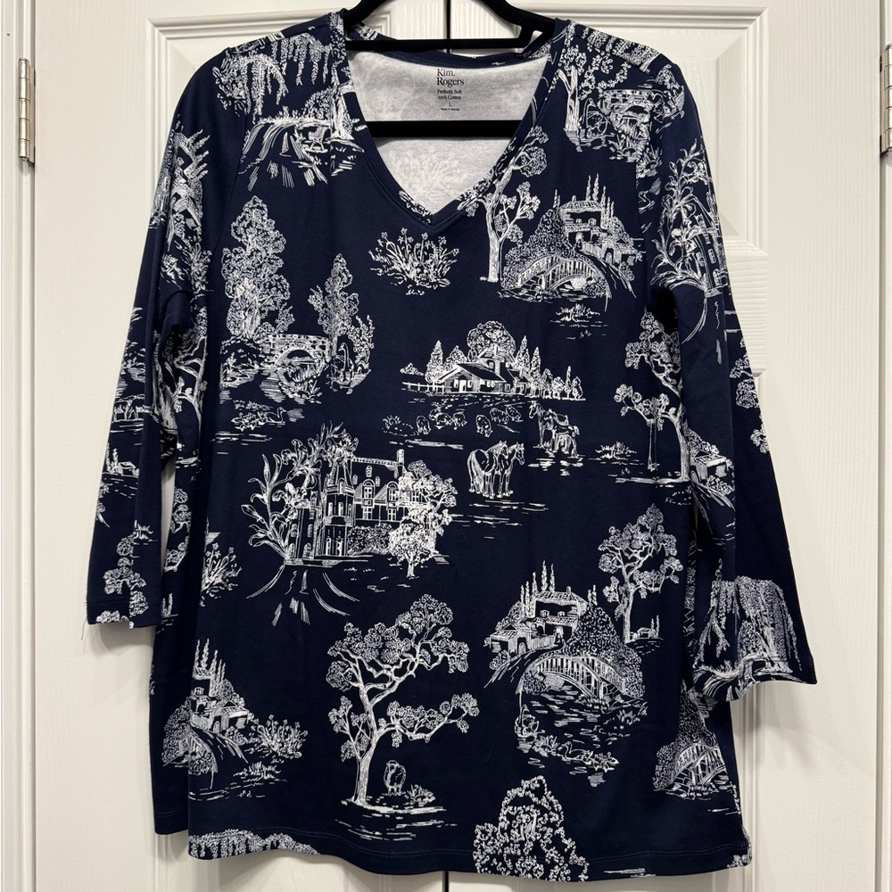 Kim Rogers Dark Blue and White V-Neck Top, Size L